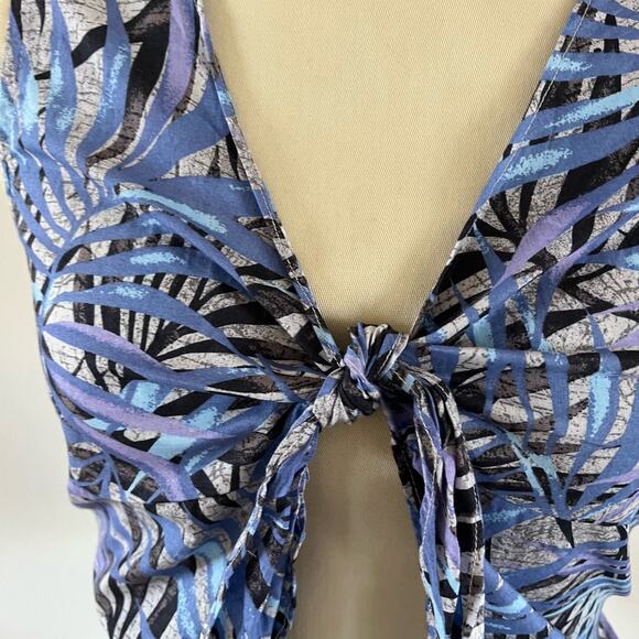 Aloha Hut Hawaii Blue Palm Print Tie Front Bow Blouse Women's Size L - Picture 2 of 9